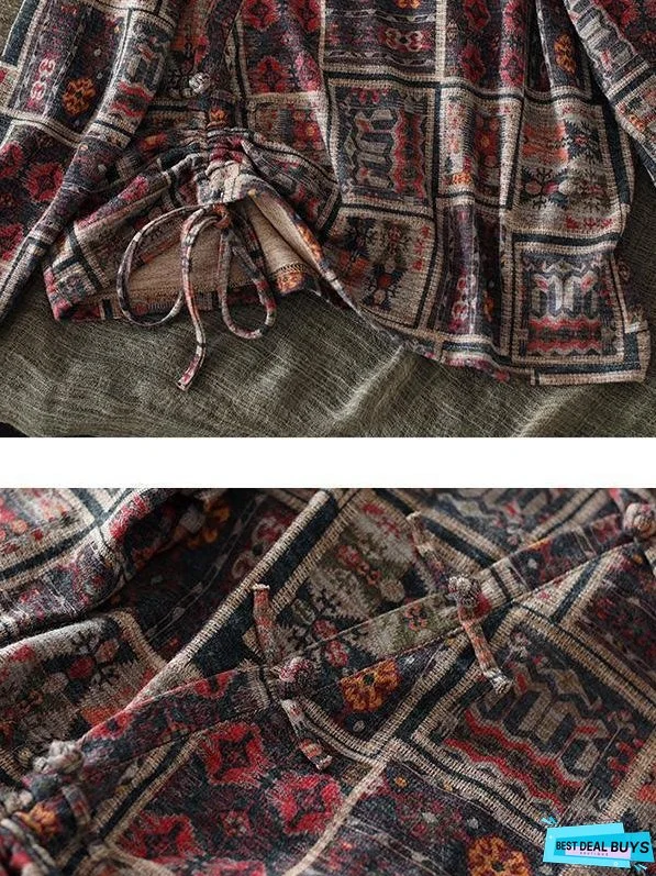 Vintage Floral Print Drawstring Cotton Blouse Summer