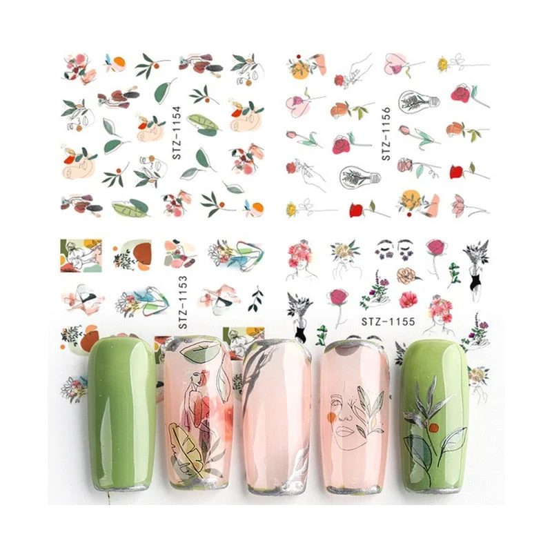 Nail Stickers Water Transfer Sketchs Lady Flower Leaves Designs 4Pcs/Set Nail Decal Decoration Tips For Beauty Salons-Nail Inspo