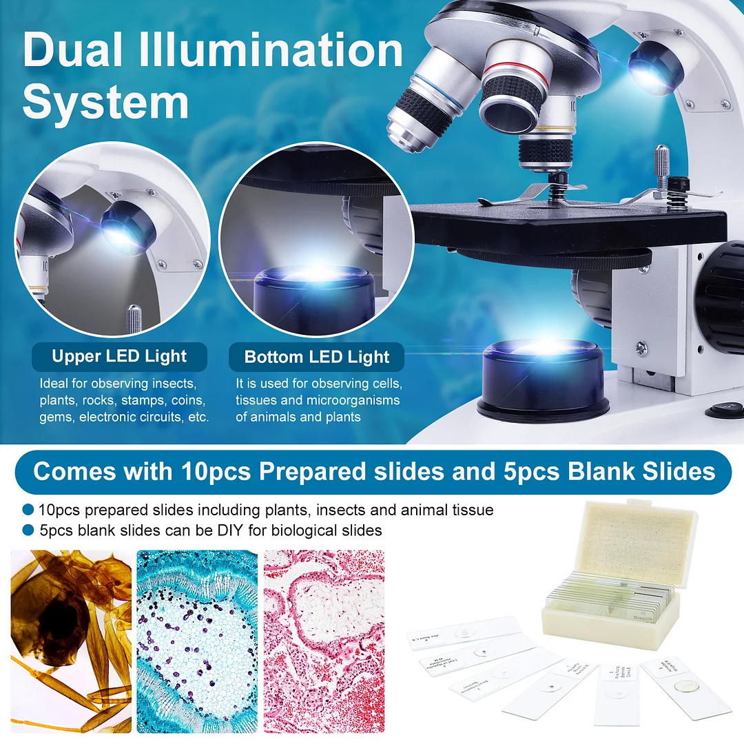 BEBANG Compound Binocular Microscope, 40X-1000X Dual LED Illumination,With 10X and 25X Eyepiece and Phone Adapter