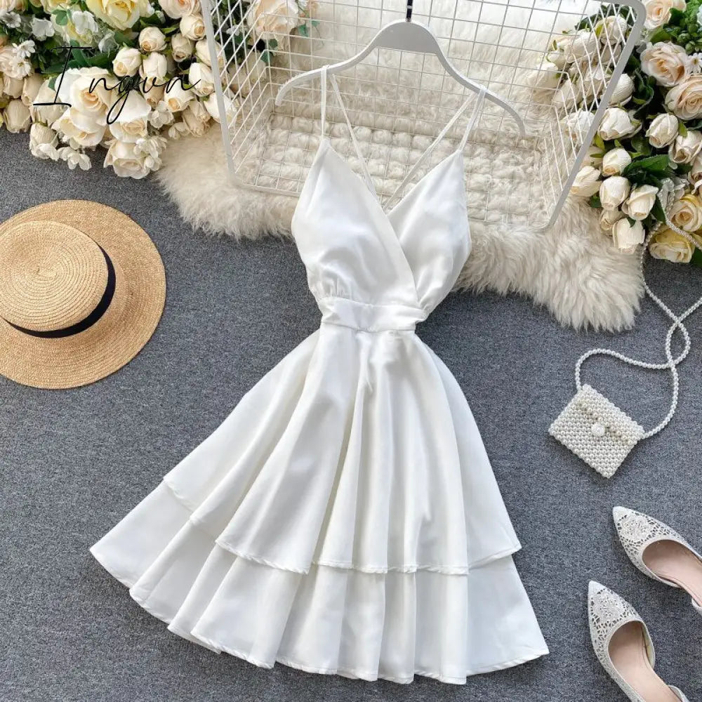 Ingvn - Summer Spring Beach Holiday V - Neck Backless Lace Up Ruffles Cakes Solid Elegant Women