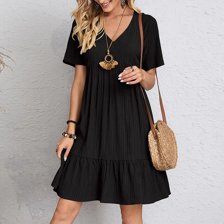 Vintage A Line Fashion Casual V Neck High Waist Solid Color Elegant Party Mini Dress