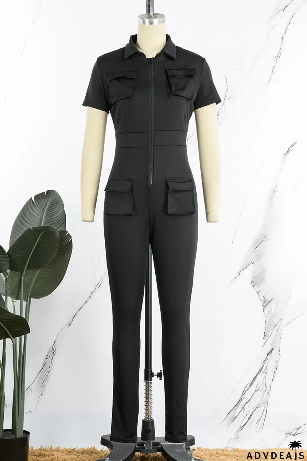 Army Green Street Solid Patchwork Pocket Zipper Collar Skinny Jumpsuits