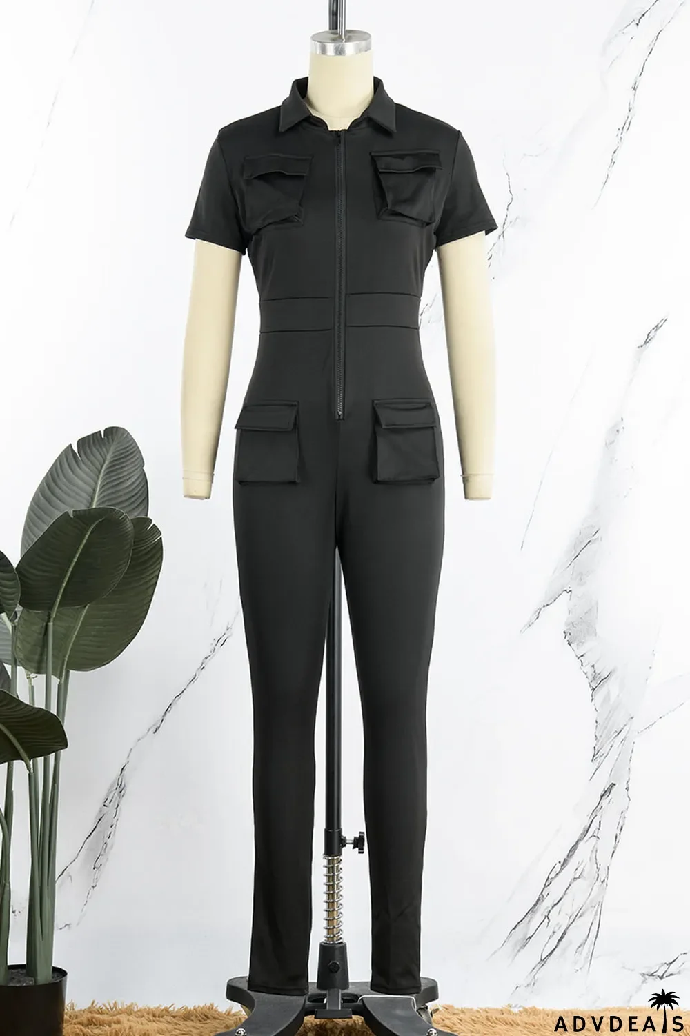 Army Green Street Solid Patchwork Pocket Zipper Collar Skinny Jumpsuits