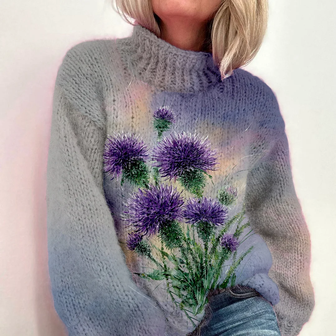 Thistle Art Turtleneck Knit Sweater