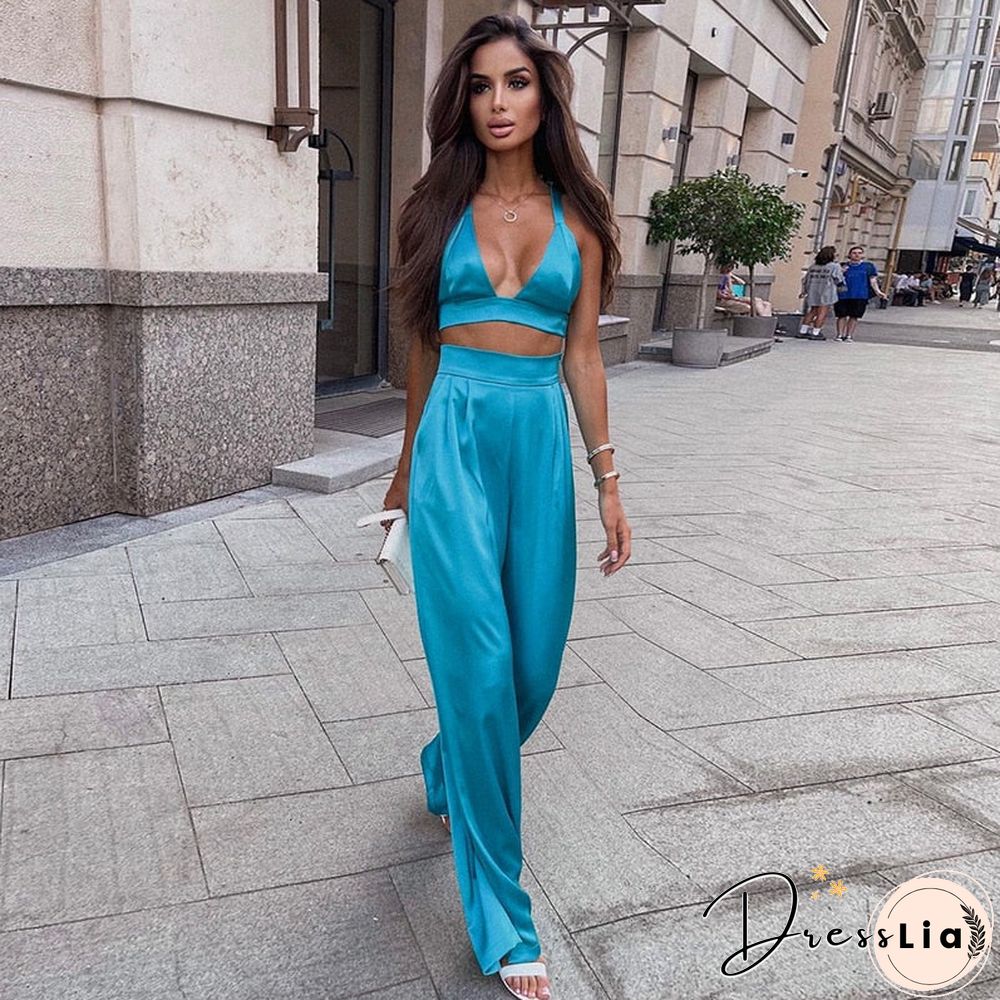 Silky Satin Camis Crop Top And Pants 2 Piece Set For Women Matching Sets Outfits Sexy High Waist Pants Streetwear