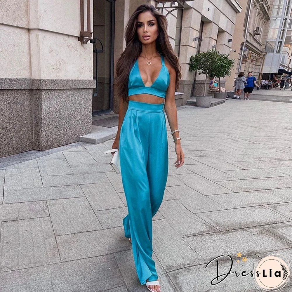 Silky Satin Camis Crop Top And Pants 2 Piece Set For Women Matching Sets Outfits Sexy High Waist Pants Streetwear