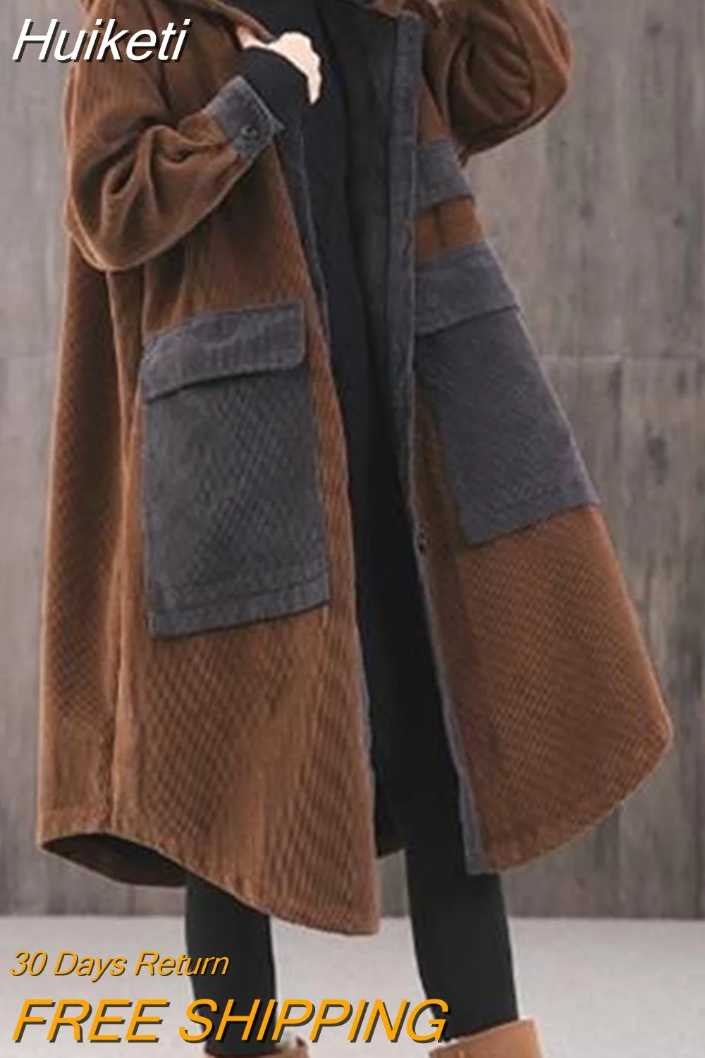 Huiketi Corduroy Jacket Big Pocket Plus Cotton Thick Hooded Padded Coat Women's Autumn Winter Loose Casual Long Cloak Parka