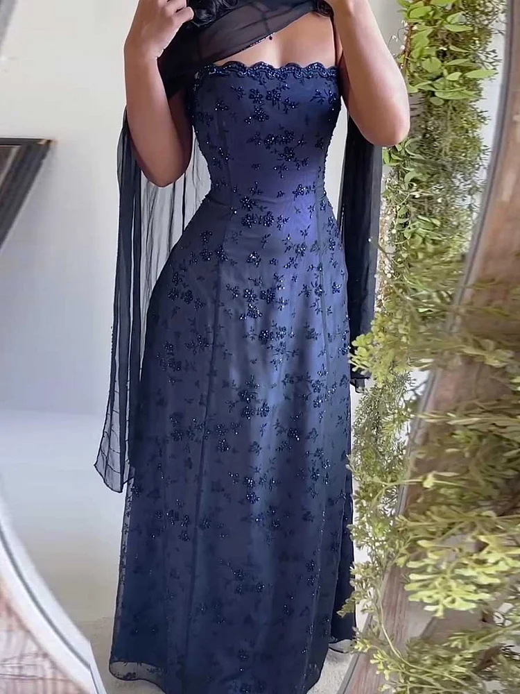 Shiny Sequinned Flower Embroidered Spaghetti-Neck Sleeveless Maxi Dresses Fairytale Dress