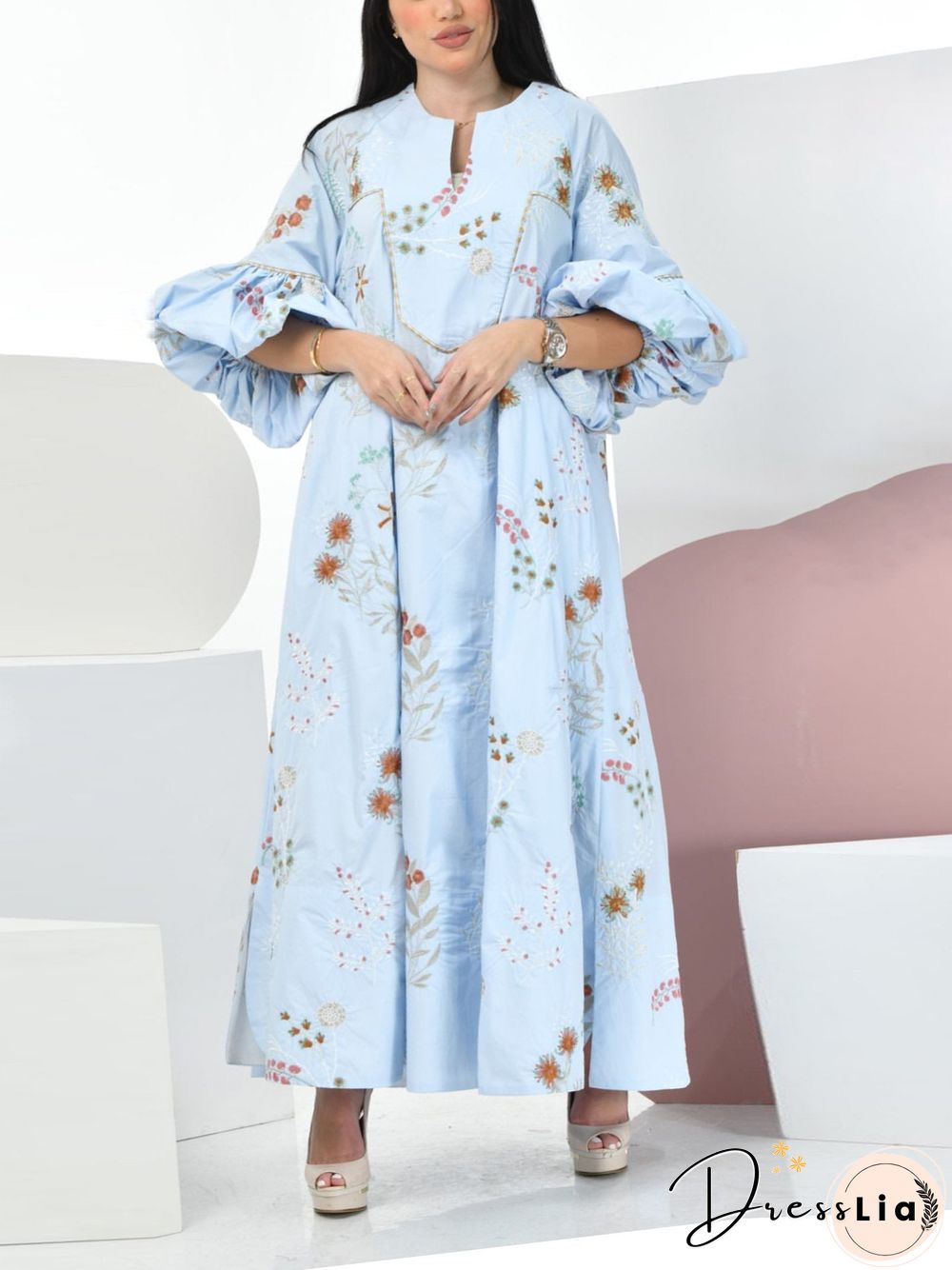 Blue Puff Sleeve Pattern Dress