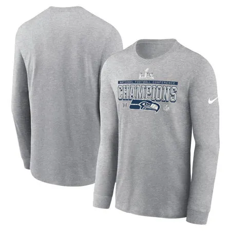 Men's Seattle Seahawks Nike Heather Gray 2025 NFC Champions Locker Room Trophy Collection Long Sleeve T-Shirt