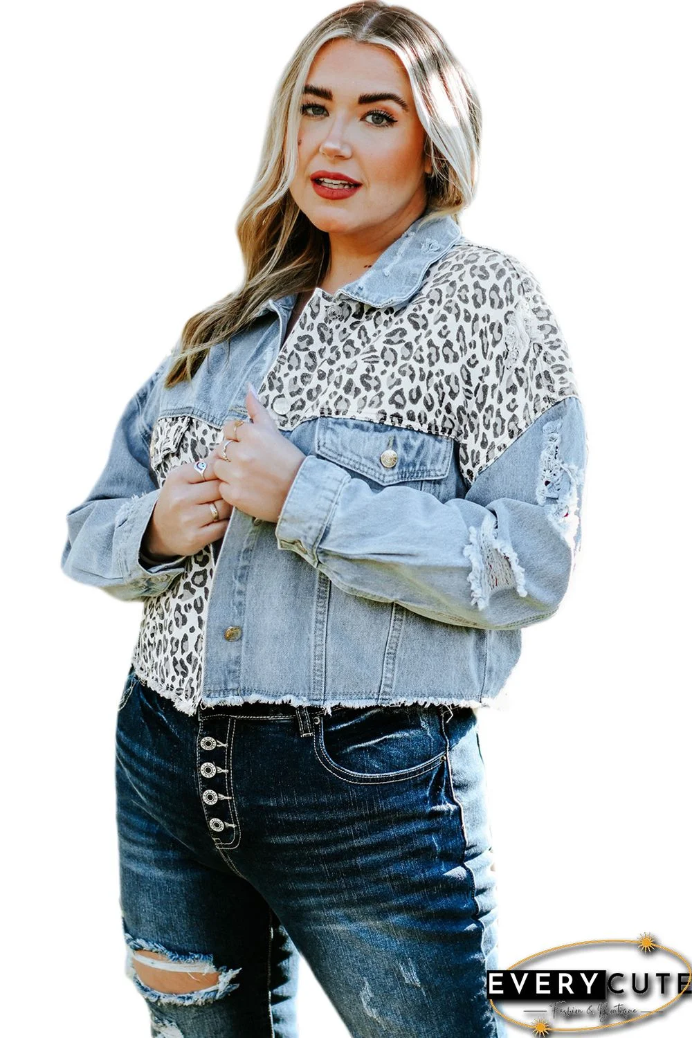 Sky Blue Plus Size Leopard Ripped Cropped Denim Jacket