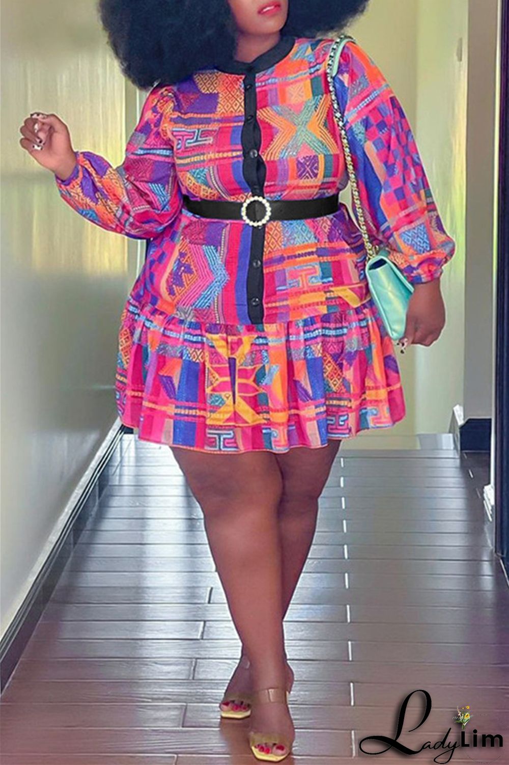 Green Fashion Casual Print Patchwork With Belt O Neck Long Sleeve Plus Size Dresses