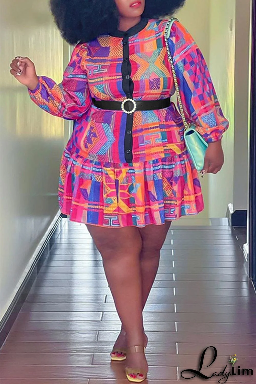 Green Fashion Casual Print Patchwork With Belt O Neck Long Sleeve Plus Size Dresses