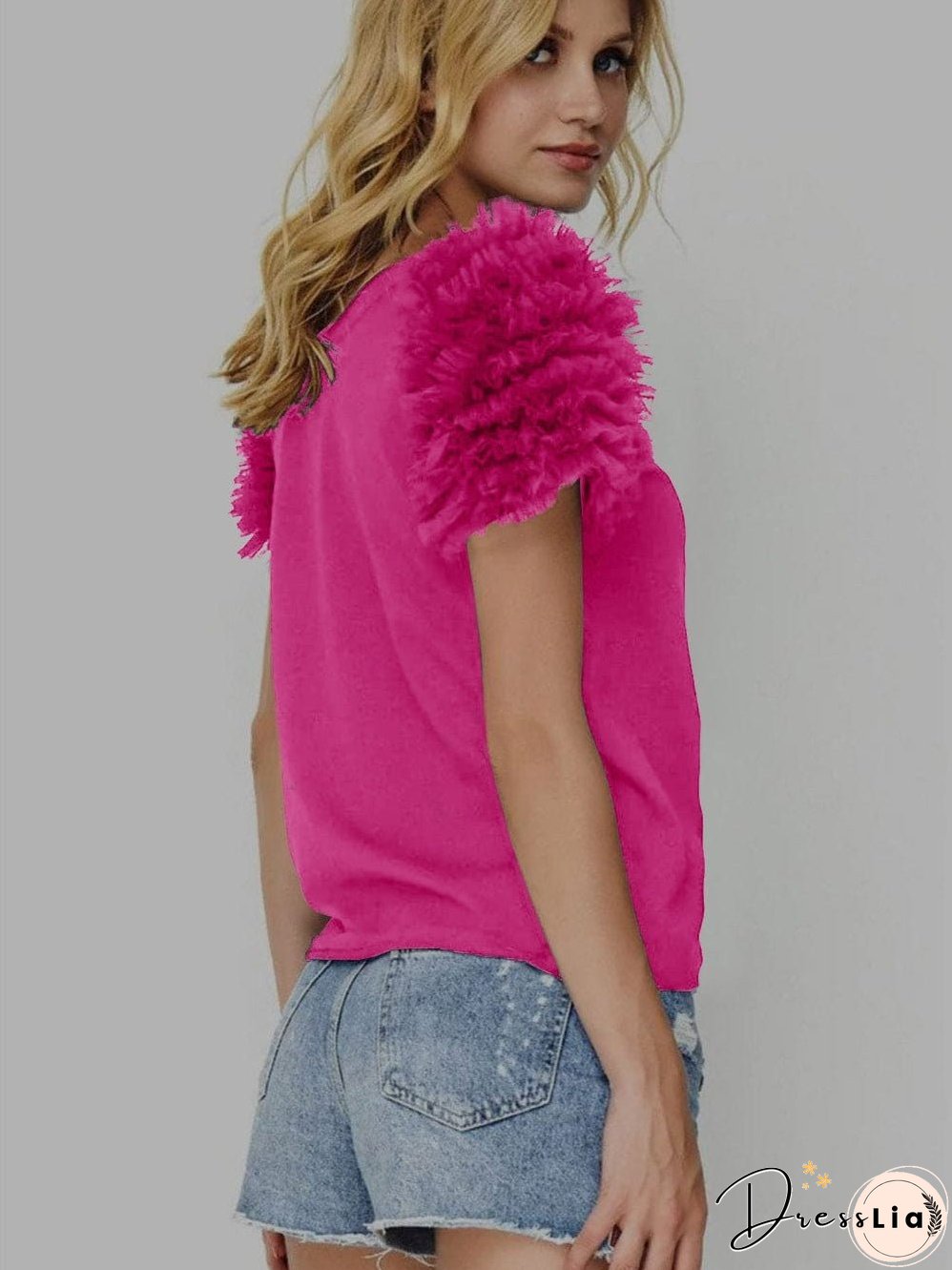 Mesh Rose Ruffled Tee with Short Sleeves