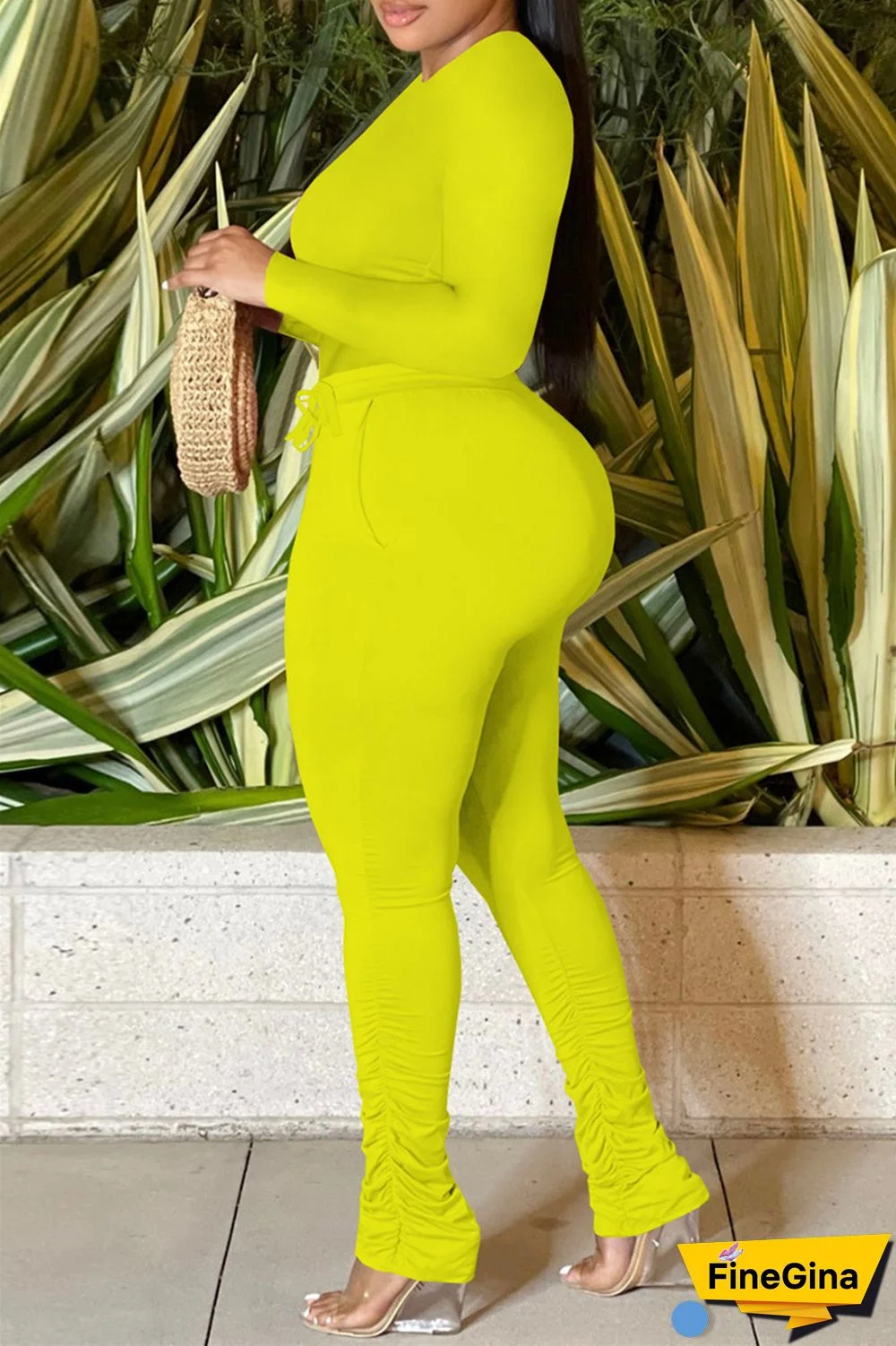 Yellow Casual Solid Basic O Neck Long Sleeve Two Pieces