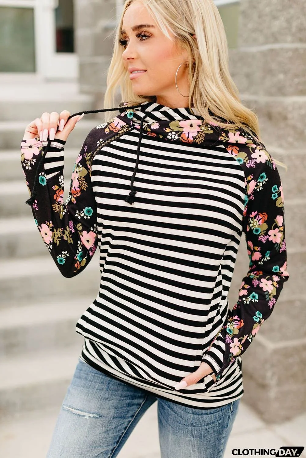 Striped Floral Print Long Sleeve Zipper Hoodie