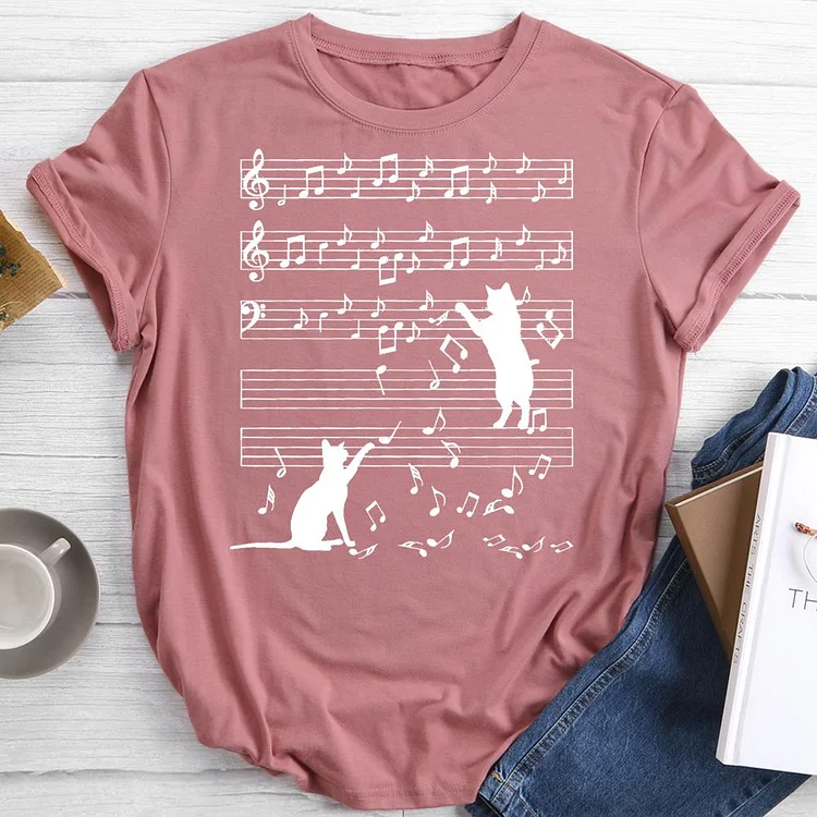 Kitten Sheet Music Round Neck T-shirt-0019008