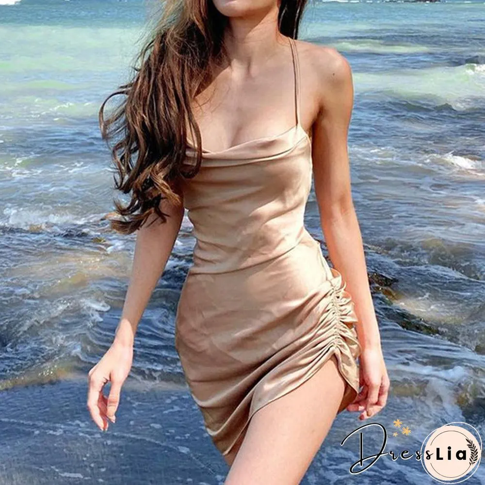 Cowl Neck Side Shirring Cowl Neck Satin Ruched Dress Cross Back