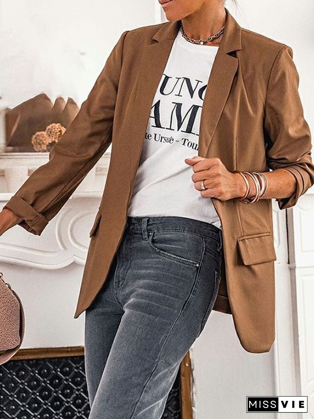 Fashionable Commuter All-Match Solid Color Long-Sleeved Suit Jacket