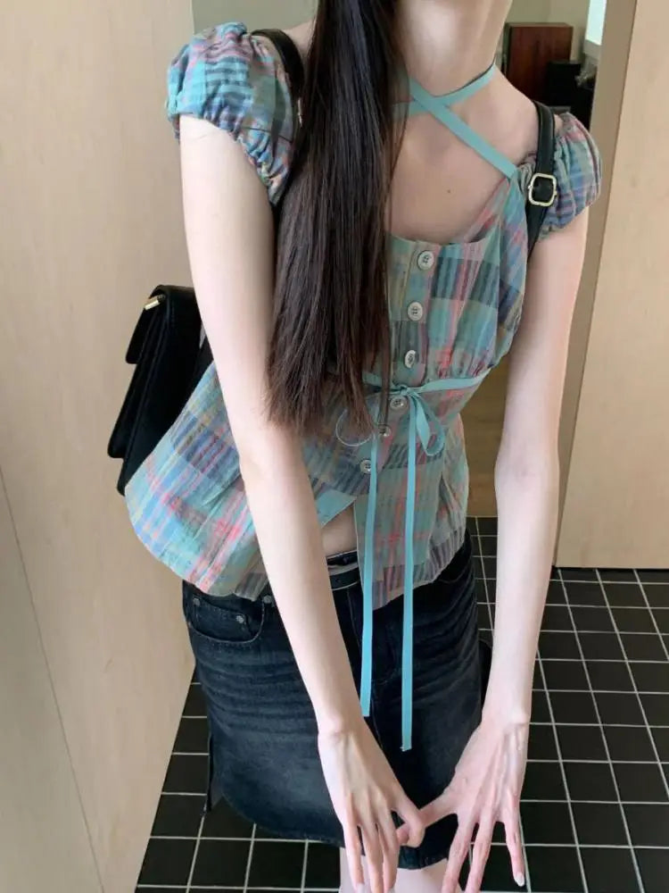 Aiertu Plaid T Shirt Women Clothes Short Sleeve Off Shoulder Chic Bandage Design Tee Shirt Femme 2023 Summer Tops Fairycore Y2k Aiertu