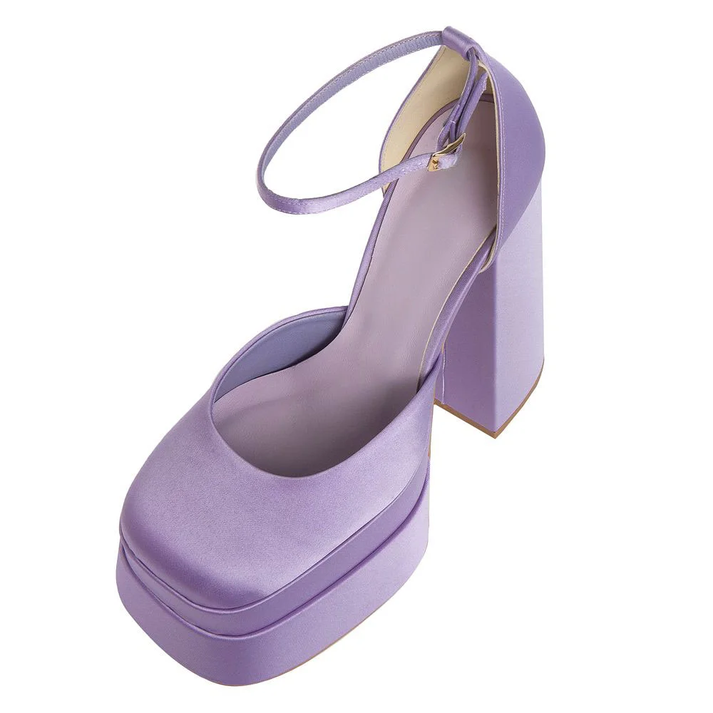 YDN Simple Satin Square Toe Ankle Strap Platform Heels in Purple