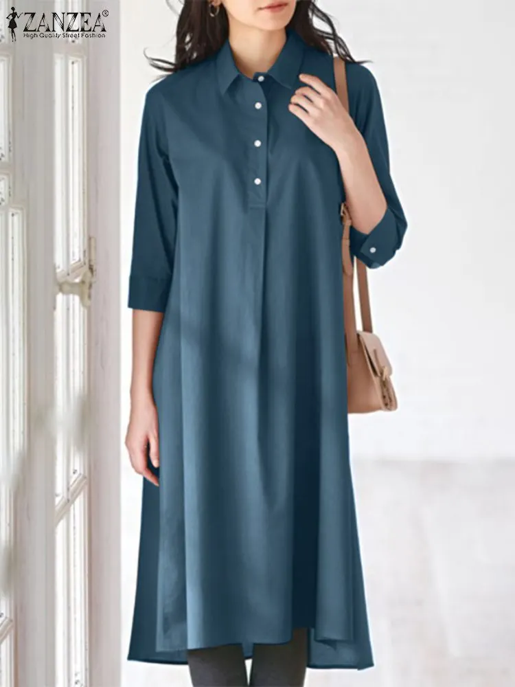 ZANZEA Women Summer Lapel Neck Half Sleeve Shirt Dress Casual Work OL Solid Loose Sundress Knee-length Vestidos Robe Oversized