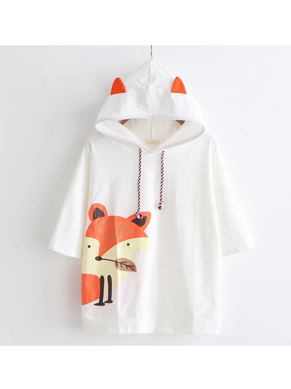 Fox Print Short Sleeve Hooded T-shirt - Modakawa Modakawa