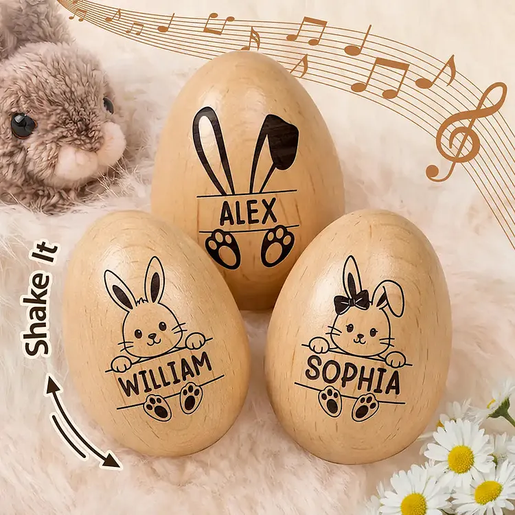 Personalized Musical Wooden Easter Egg Shaker Adorable Bunny With Name Kids Musical Instrument, Easter Gifts, Baby First Easter Gift