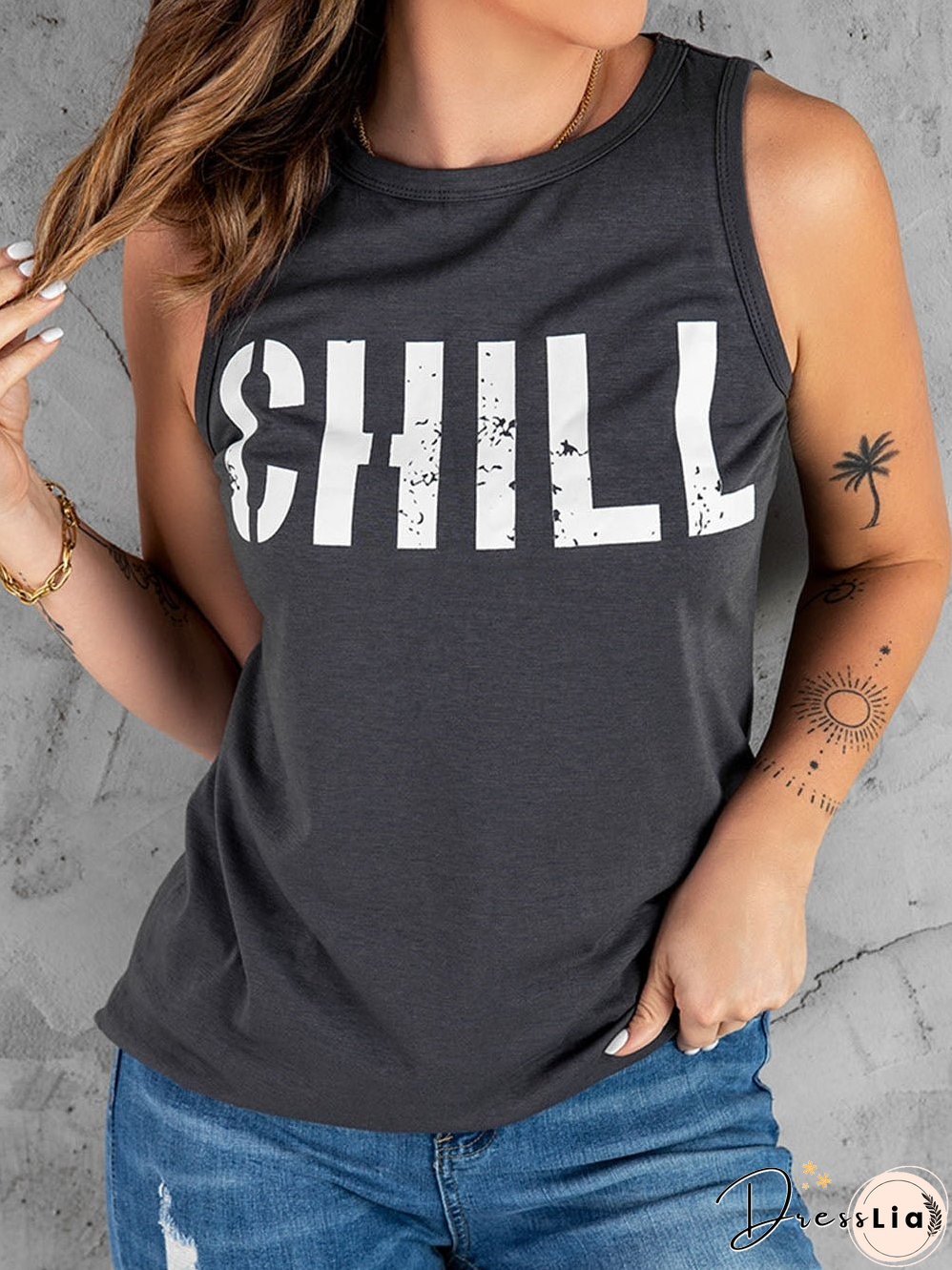 Loose Fit Women'S Slogan Printed Sleeveless Top