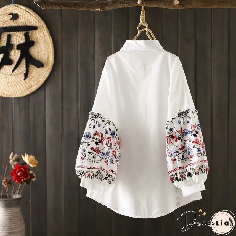 National style heavy industry embroidered white shirt