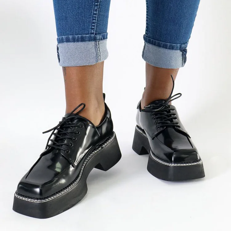Vintage Black Patent Leather Square-Toe Lace Up Platform Loafers |FSJ Shoes