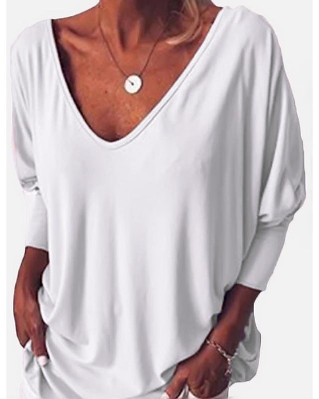 Women's T-shirt Solid Colored Long Sleeve V Neck Tops Loose Cotton Basic Top White Black Blue - VSMEE