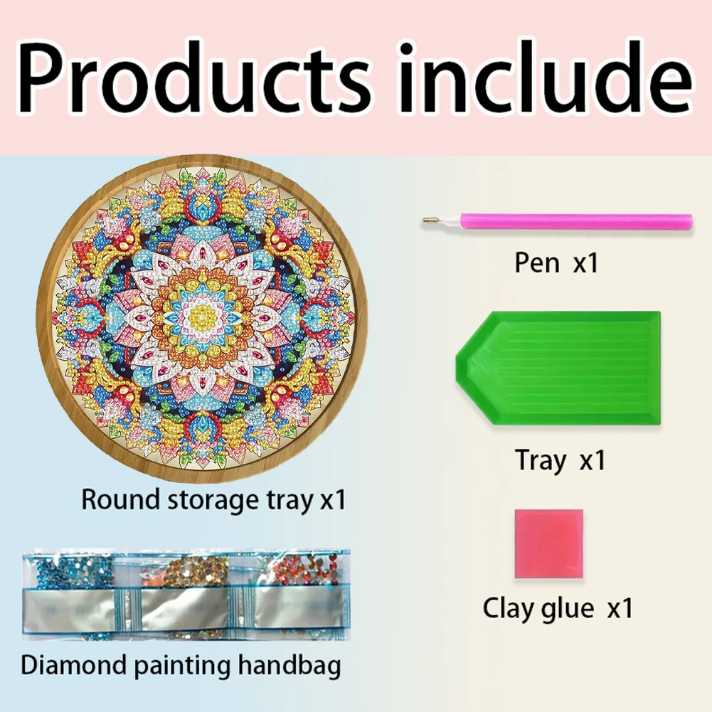 DIY Diamond Painting Kit Round Wooden Tray Diamond Painting Tray (Mandala B)