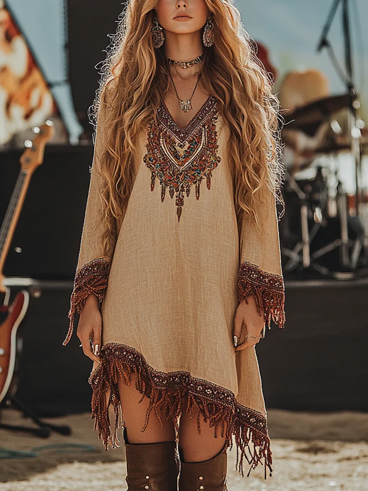 Vintage Western Tassel Trim Loose Linen Dress
