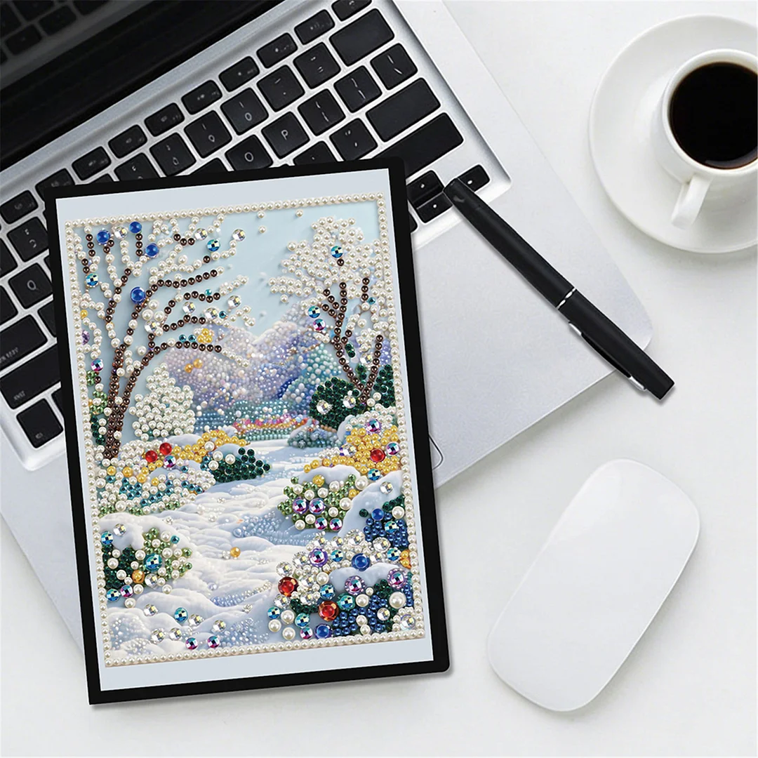 Winter Forest Partial Pearl DIY 50 Pages A5 Diamond Painting Notebook Special Shaped Diamond Art Diary Book Kits Wireless Strip 5D Crystal Art Paintings Sketchbook for Art Drawing