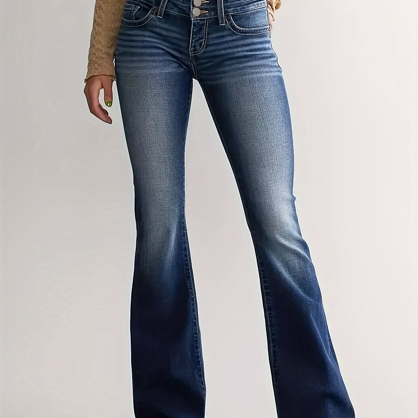 Double Button Whiskering Flare Jeans, Slant Pockets High Stretch Bell Bottom Jeans, Women's Denim Jeans & Clothing