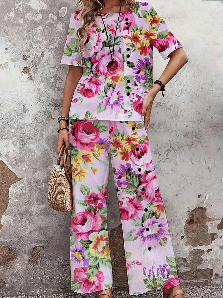 Women's Elegant Rose Floral Print Top Set