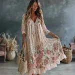 Women's Vintage Retro Floral Art Flowy Linen Blend Casual Long Sleeve Maxi Dress - Image 2