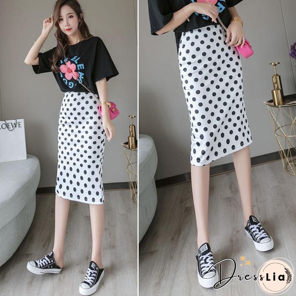 Summer New Polka Dot High Waist Skirt Mid-Length Slit Bag Hip Skirt Female Plus Size Skirts Womens Print Casual