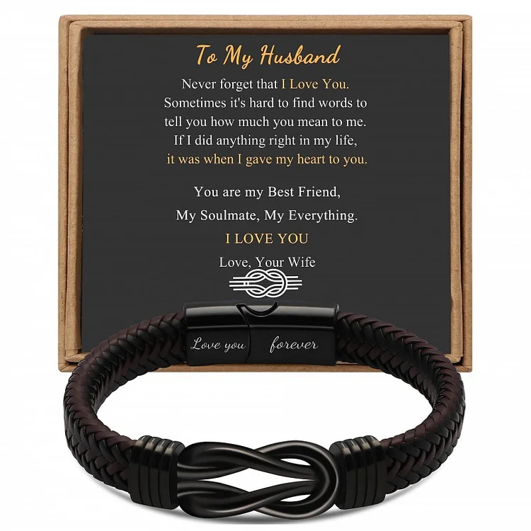 To My Husband Love You Forever Stainless Steel Magnetic Buckle Engraved Woven Leather Bracelet