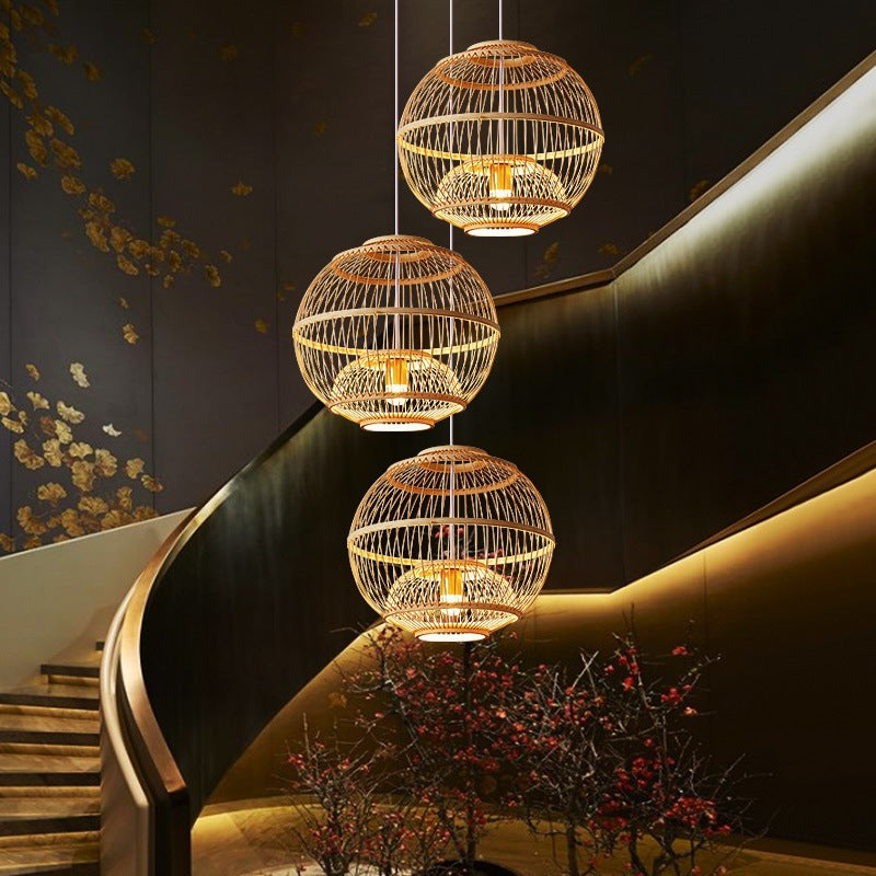 Japanese Bamboo Chandeliers Round Wicker Pendant Lamp