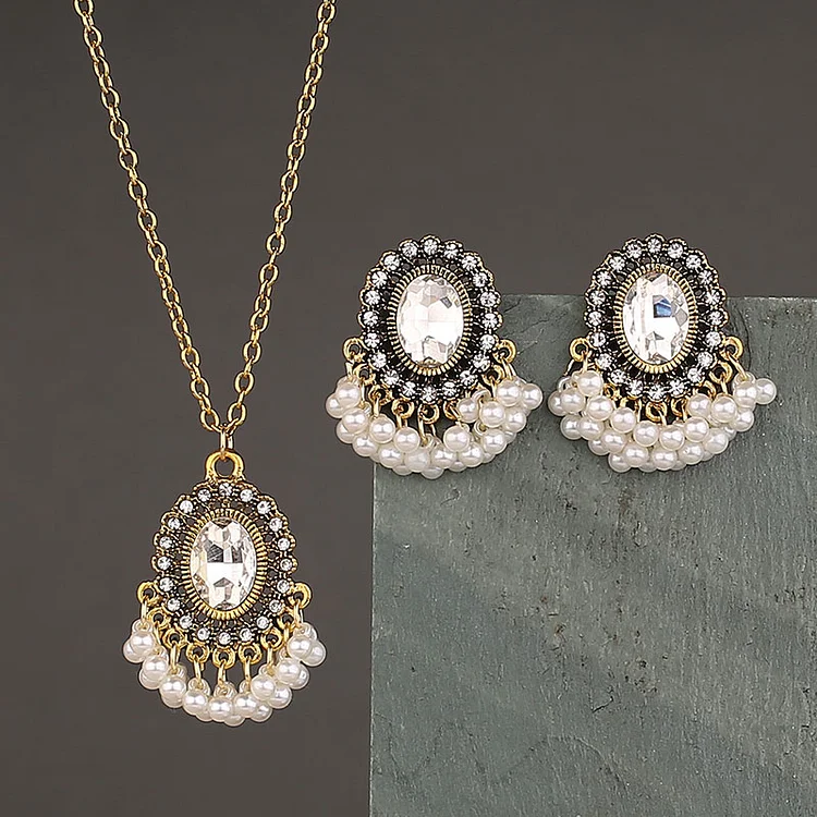Pearl tassel exaggerated vintage ethnic style earrings set