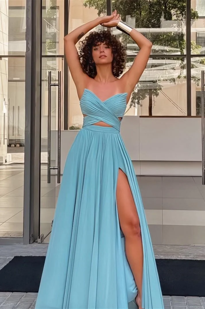 Miabel Sexy Beautiful Blue Strapless V Neck Sleeveless Long Pleated Prom Dress with Split 