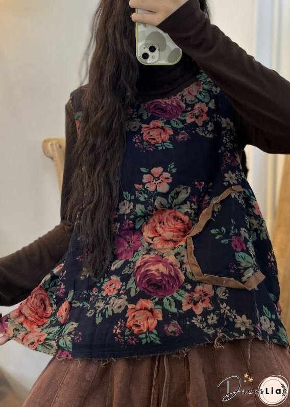 Unique Red O Neck Print Patchwork Cotton Waistcoat Sleeveless