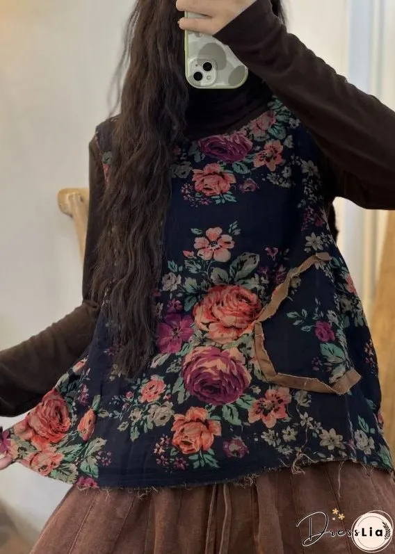 Unique Red O Neck Print Patchwork Cotton Waistcoat Sleeveless
