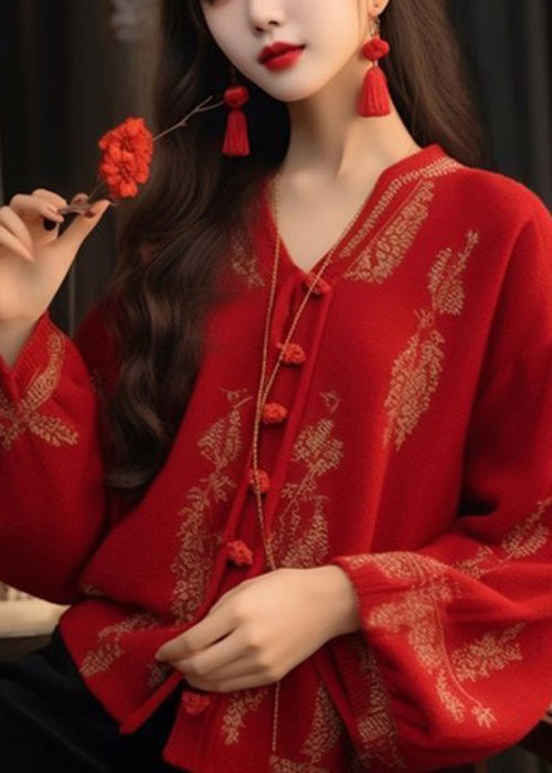VCSHOES Red V Neck Button Knit Top Long Sleeve