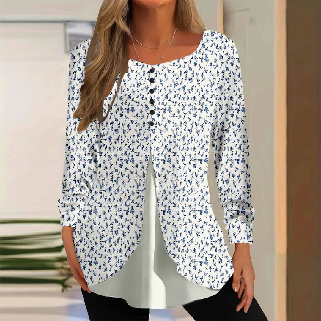 Women Floral,Blue DZGG8160 Long Sleeve Scoop Neck Printed Graphic Button Fake 2in1 Tops