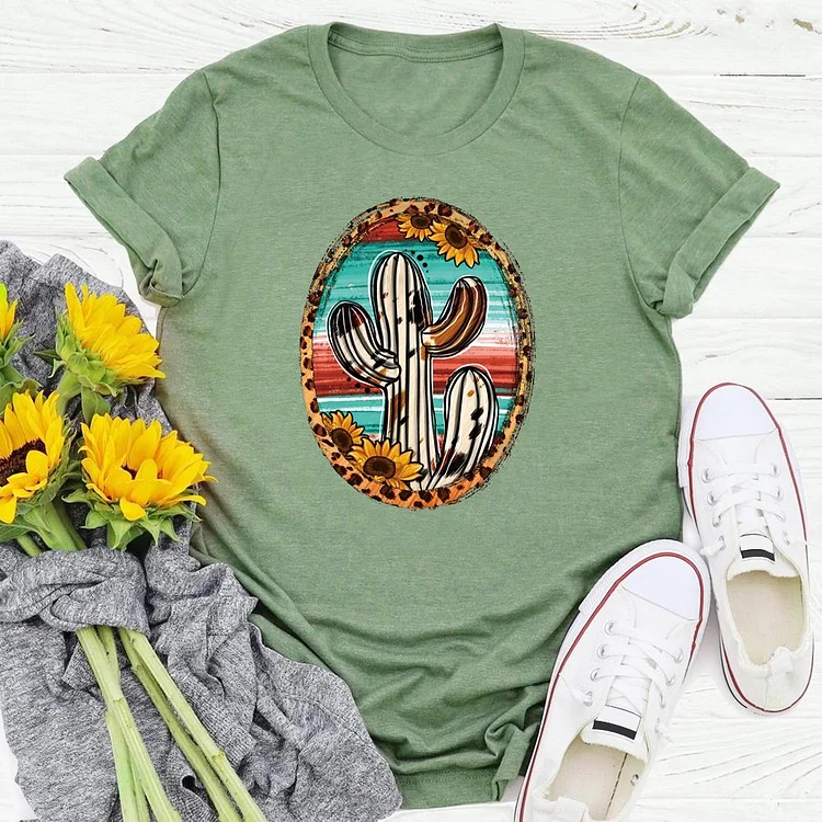 Cowhide Serape And Sunflower Cactus Retro Tee-05869