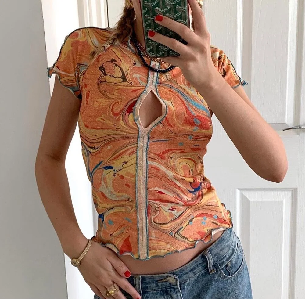 Hollow Out Color Tie-dye Print Women's Casual Tee