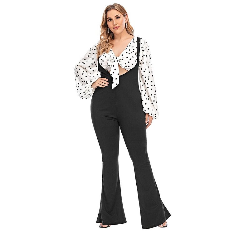 Sale Women Two Piece Set Puff Sleeve Crop Tops Bib Pants Polka Dot Shirts Elegant Clothing Bell Bottom Pant 6XL Plus Size D30 - BlackFridayBuys